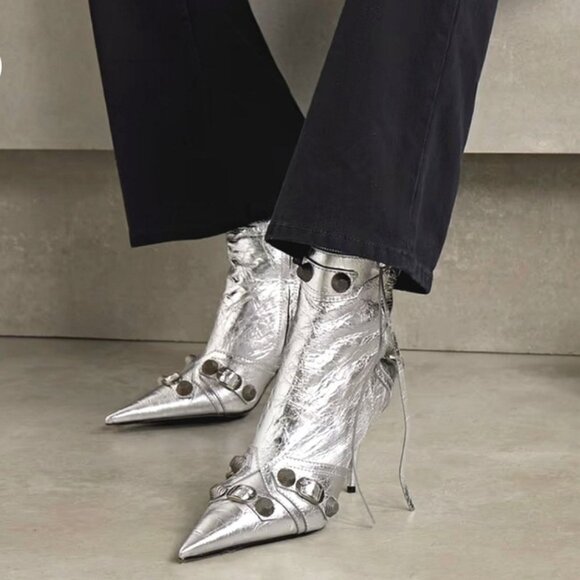 Balenciaga Studded 90mm Metallic Silver Leather Booties, Size 37 - Picture 9 of 9
